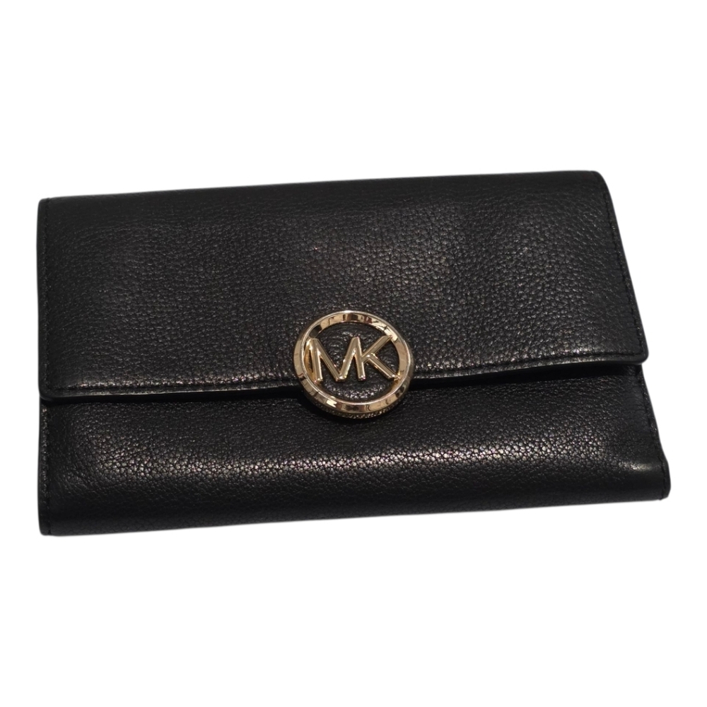 Michael Kors‎ Black Leather Tri Gold Wallet with Gold Logo